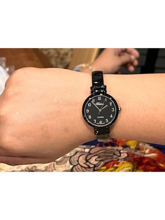 Women\'s All Black Analog Quartz Metal hinged Bangle Pearl Cuff Bracelet Watch main image 7